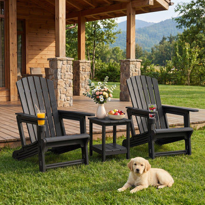 HDPE Adirondack Chair with Cup Holder and Wooden Texture for Patio-Black
