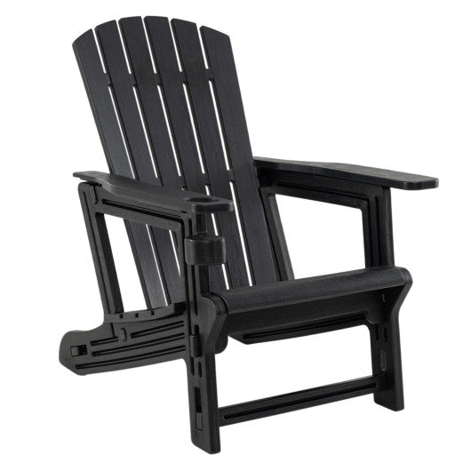 HDPE Adirondack Chair with Cup Holder and Wooden Texture for Patio-Black