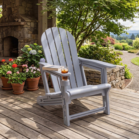 HDPE Adirondack Chair with Cup Holder and Wooden Texture for Patio-Gray