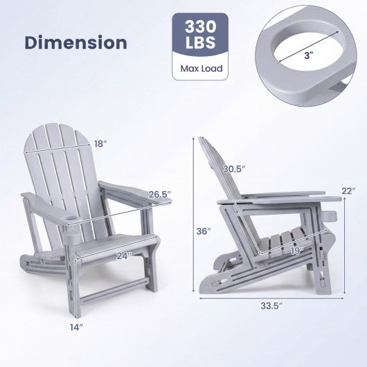 HDPE Adirondack Chair with Cup Holder and Wooden Texture for Patio-Gray