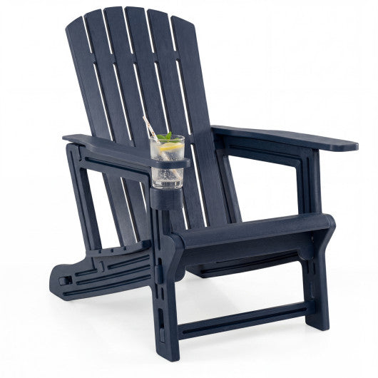 HDPE Adirondack Chair with Cup Holder and Wood-Like Texture High Back for Garden -Blue