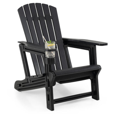 HDPE Adirondack Chair with Cup Holder and Wood-Like Texture High Back for Garden-Black