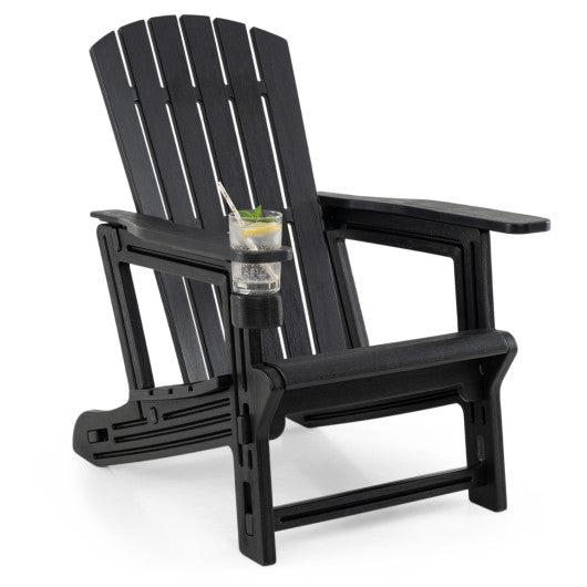 HDPE Adirondack Chair with Cup Holder and Wood-Like Texture High Back for Garden-Black
