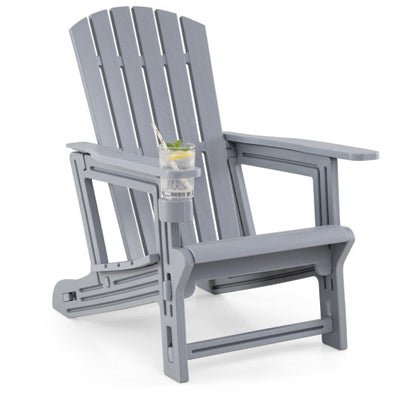 HDPE Adirondack Chair with Cup Holder and Wood-Like Texture High Back for Garden-Gray