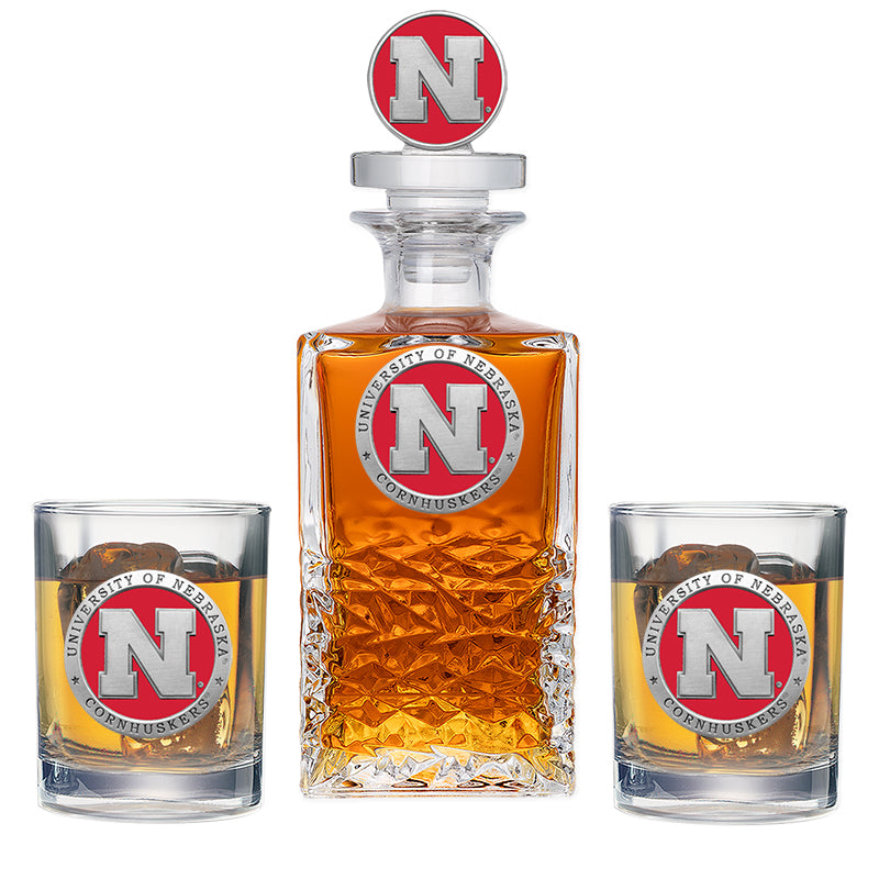 University of Nebraska Heritage Decanter with 3D Top & 2 Glasses