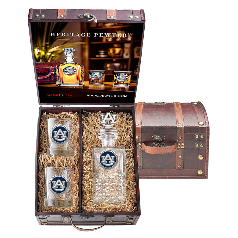 Auburn University Heritage Decanter with 3D Top  and 2 Glasses with Chest Box