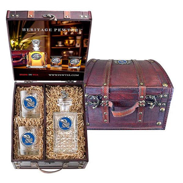University of Kansas Heritage Decanter with 3D Top Jayhawks and 2 Glasses with Chest Box