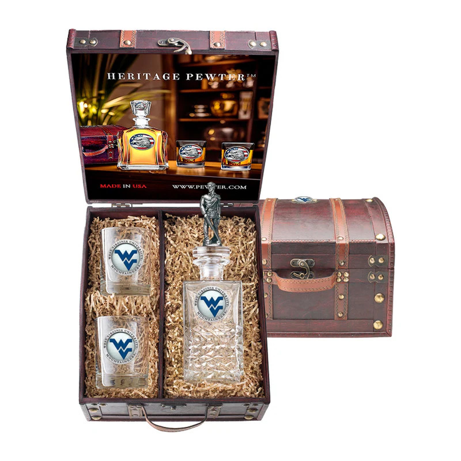 West Virginia University Heritage Decanter with 3D Top Mountaineer and 2 Glasses with Chest Box