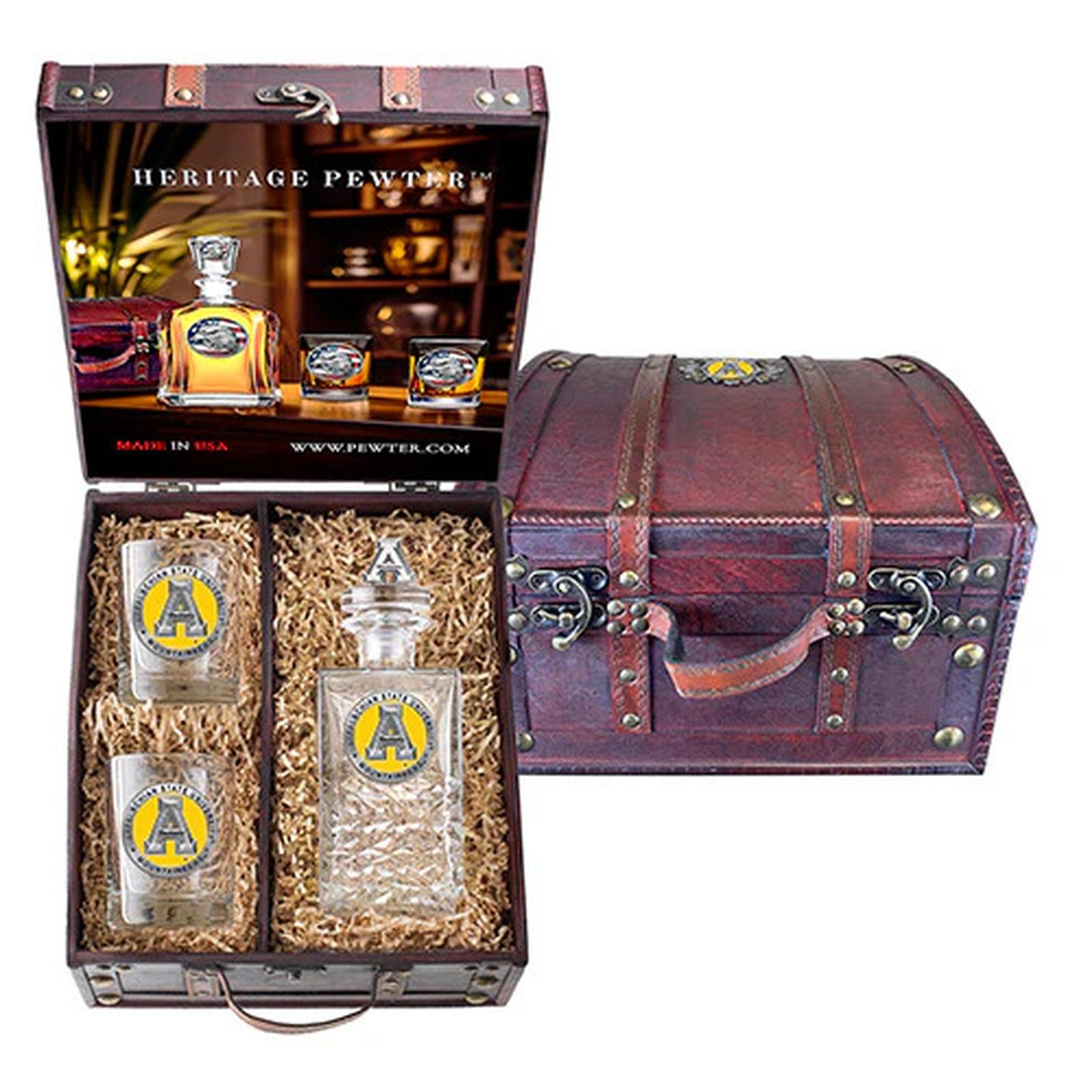 Appalachian State University Heritage Decanter with 3D Top and 2 Glasses with Chest Box