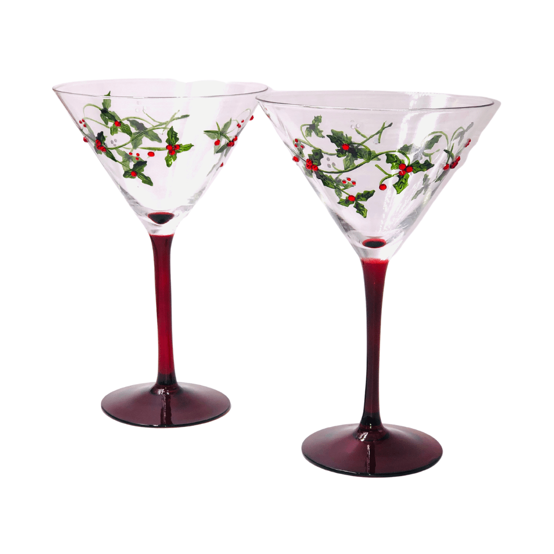 Christmas Holly Martini Glasses Jersey Art Glass