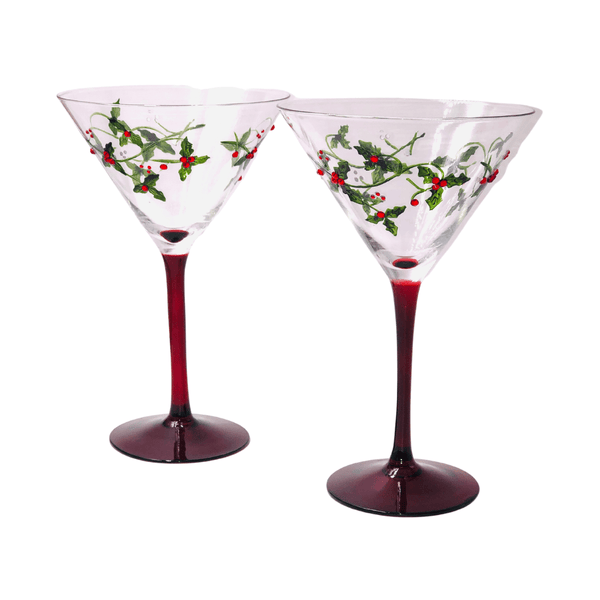 Christmas Holly Martini Glasses Jersey Art Glass