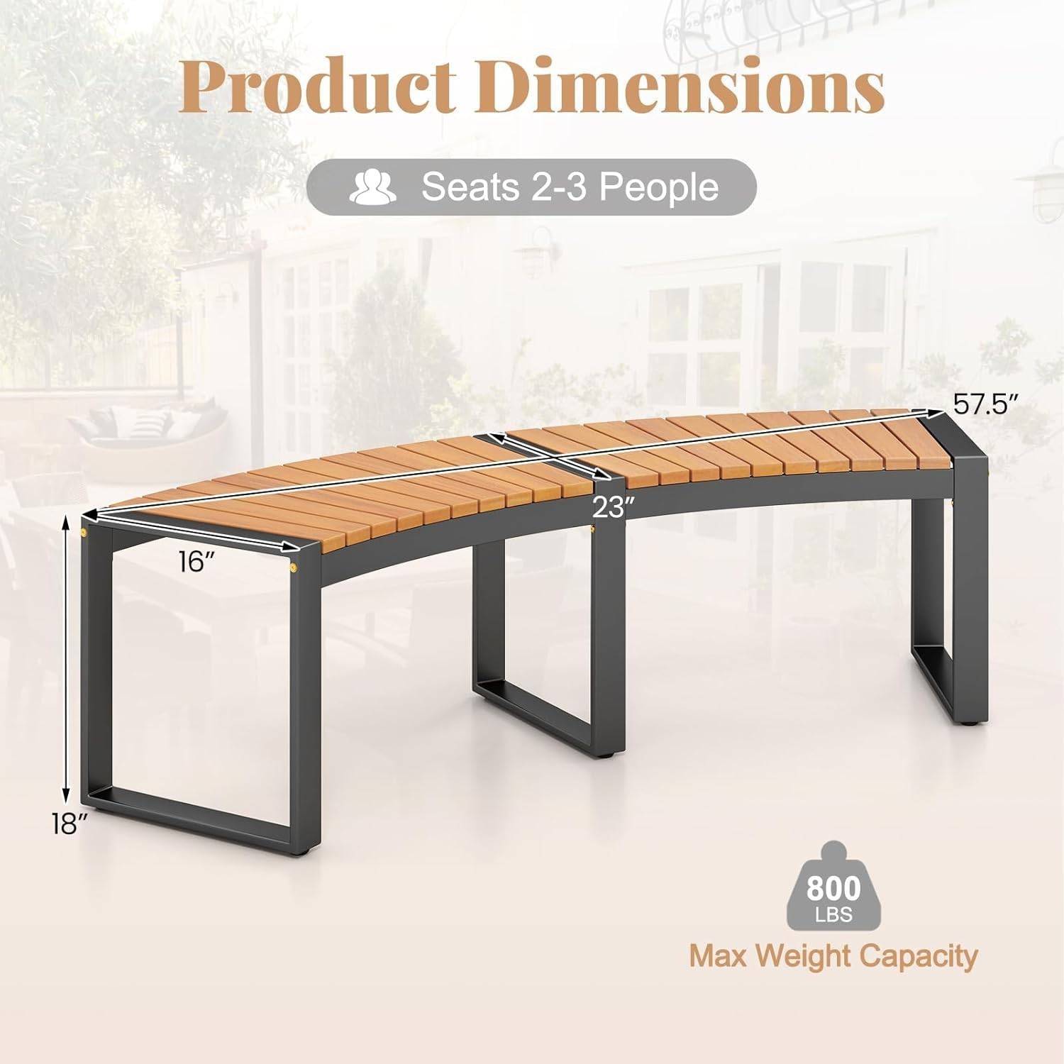 Outdoor Metal Frame Wood Slat Backless Garden Bench with Modern Arch Design