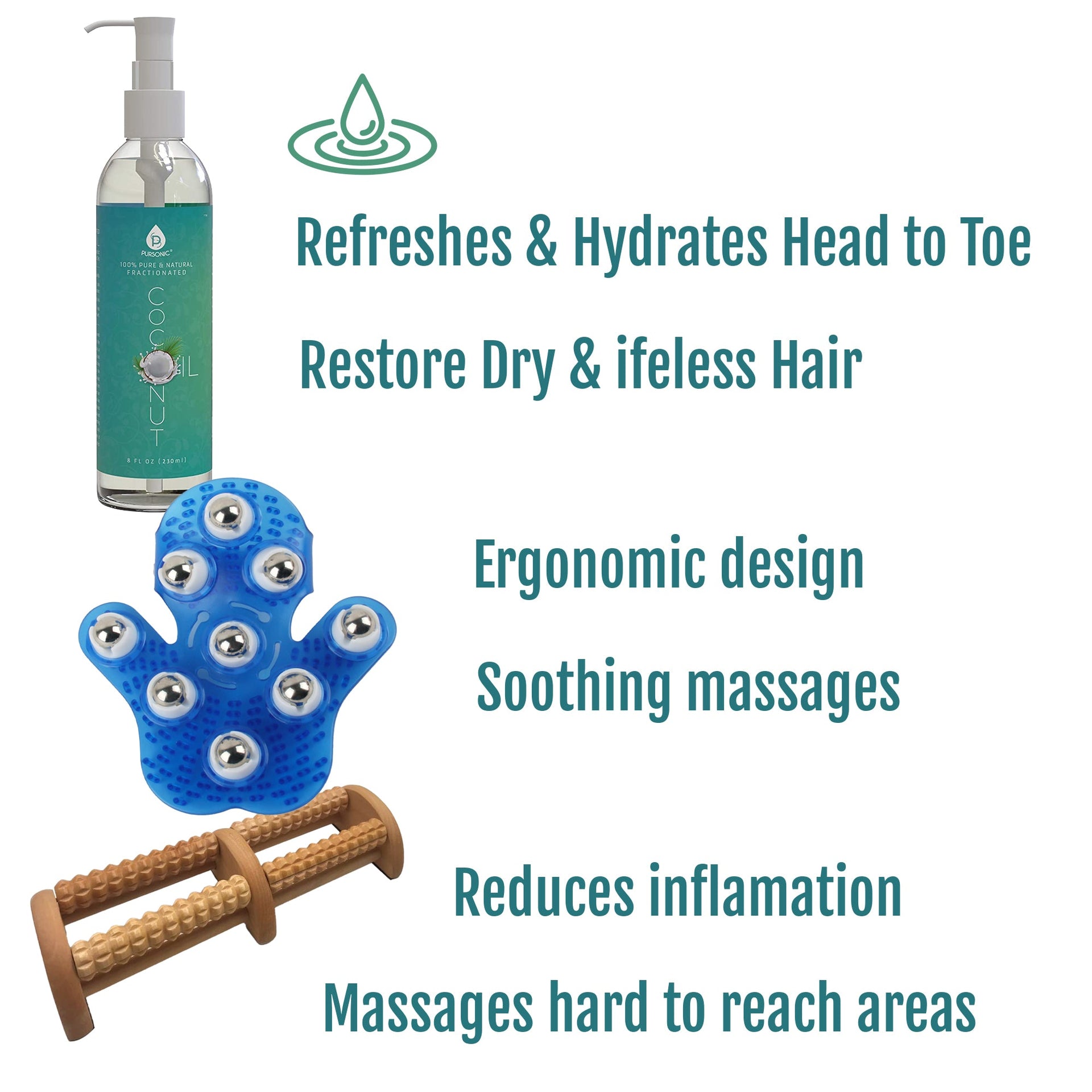 Pursonic Relaxation Gift Bundle: Palm Shaped Massage Glove, Wooden Foot Massager, and Fractionated Coconut Oil