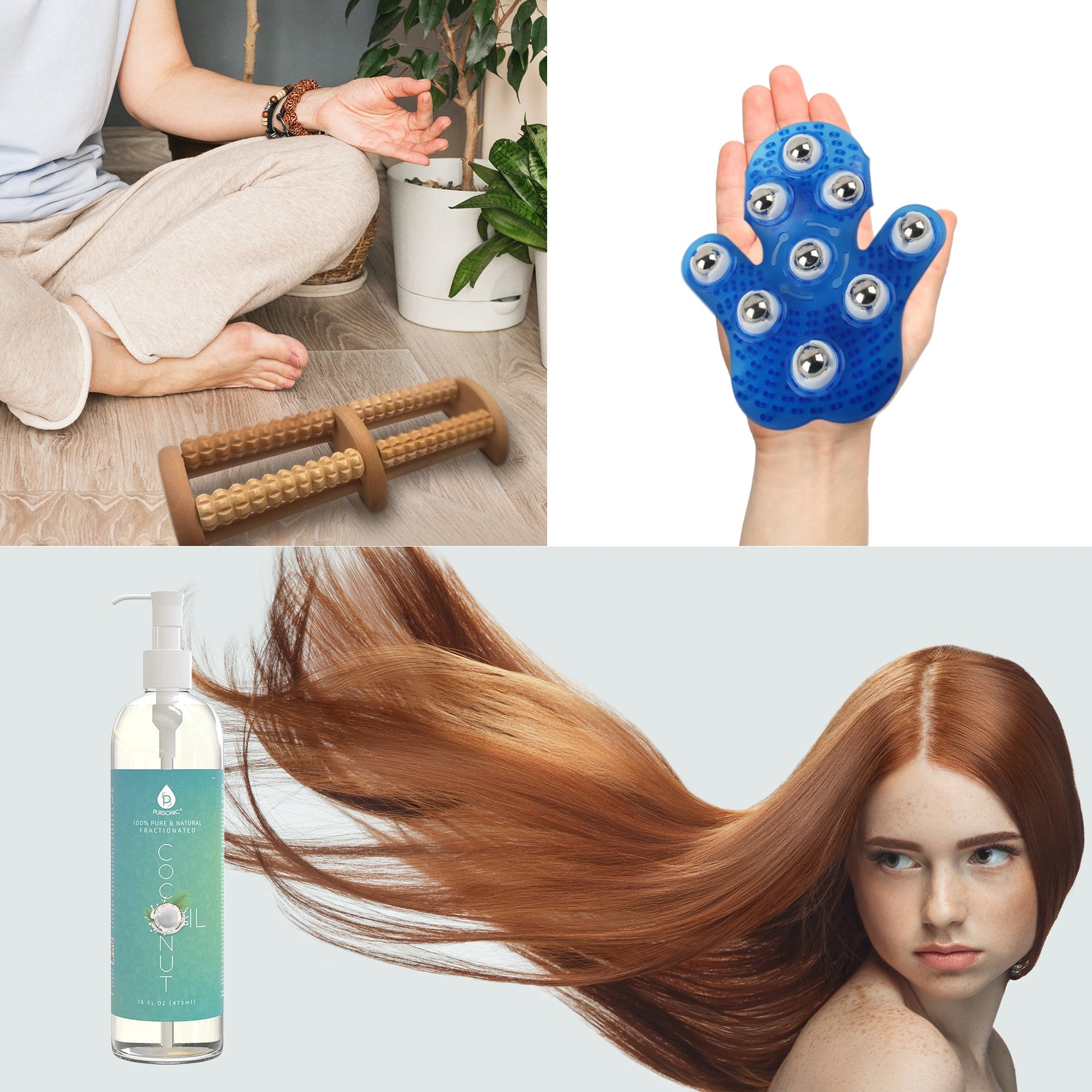 Pursonic Relaxation Gift Bundle: Palm Shaped Massage Glove, Wooden Foot Massager, and Fractionated Coconut Oil