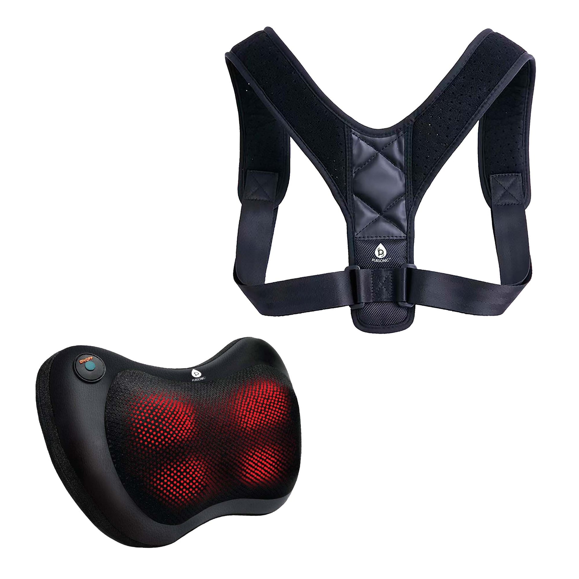 Pursonic Shiatsu Heating Neck & Back Massager + Adjustable Posture Corrector Bundle – Deep Tissue Massage & Spine Alignment Support