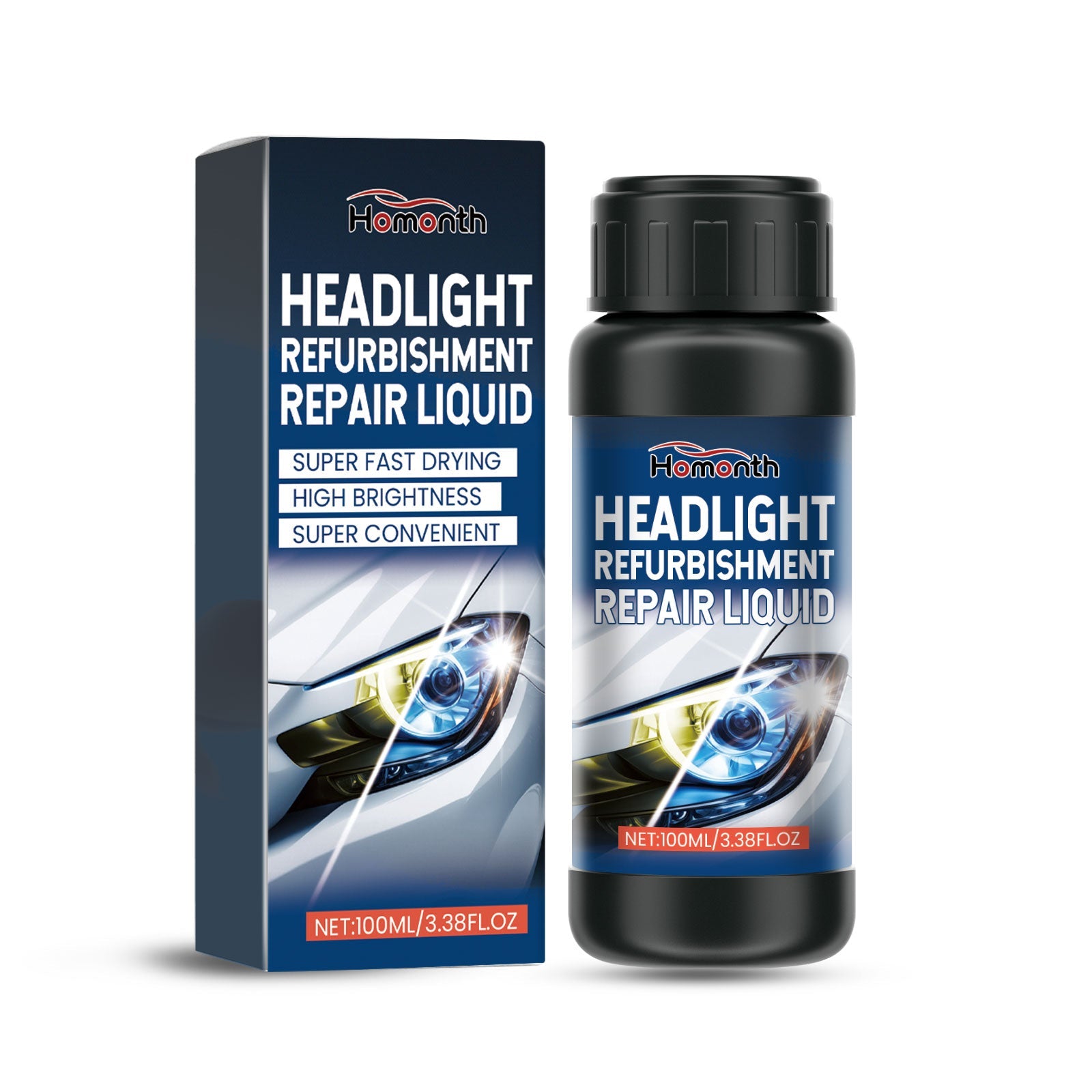 Headlight refurbishment repair liquid packaging with bottle and box on a white background