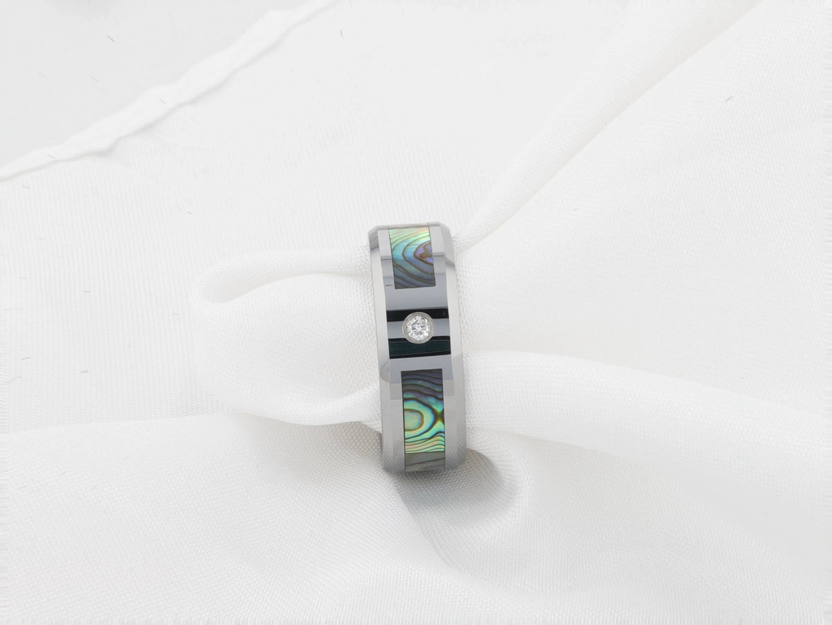 HONOLULU Mother of Pearl Inlay Tungsten Carbide Ring with Beveled Edges and White Diamond - 8mm