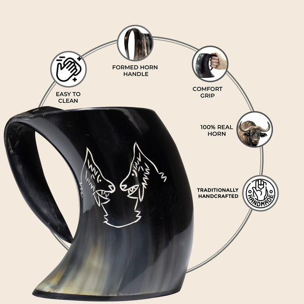 Horn Whiskey Mugs - Holds Upto 6.5 oz, Twin Wolf