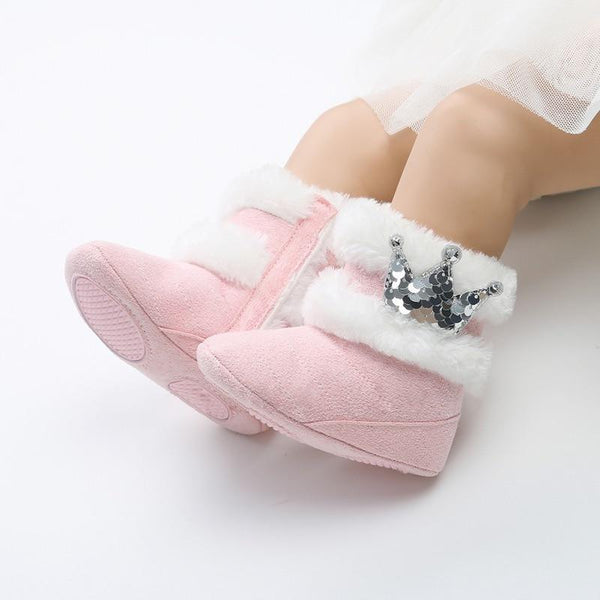 Newborn Infant Baby Girls Winter Warm Crown Fur Mid-Calf Length Slip-On Furry Boots 0-18M