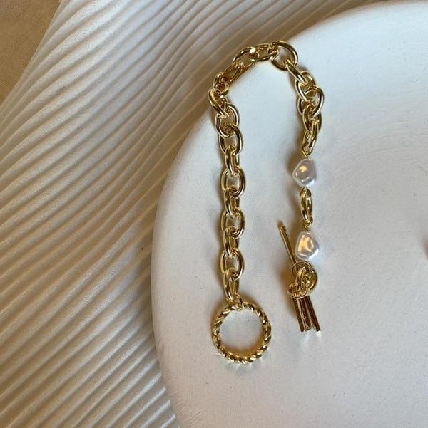 New Handmade Imitation Pearls Gold Metal Link Chain Bracelets for Women Girl Summer Party Luxury Jewelry Gift