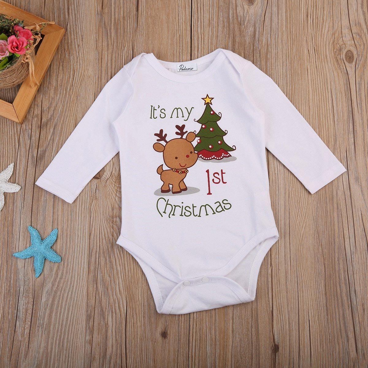 Modern Christmas Newborn Infant Baby Boys and Girls Cartoon Deer Christmas Tree Print Long Sleeves Romper