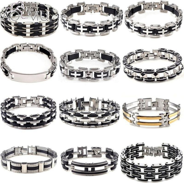 Men Stainless Steel Link Chain Bracelets & Bangles Men's Cuff  Wristband Biker Motorcycle Black Silicone Bracelet