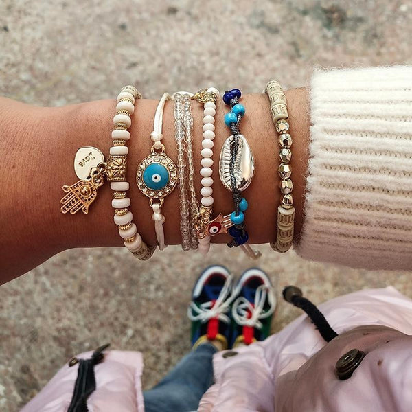 Ethnic Hand Heart Eye Adjustable Pendant Layered Bracelets Set for Women Beads String Bracelet Bangle Anklets Luxury Jewelry For Women
