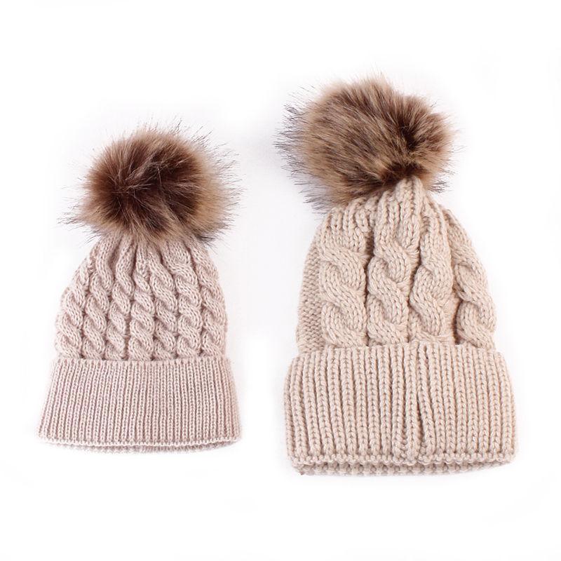 2Pcs Modern Mother & Baby Child Warm Winter Beanie Fur Pom Hat Crochet Ski Cap For Winter