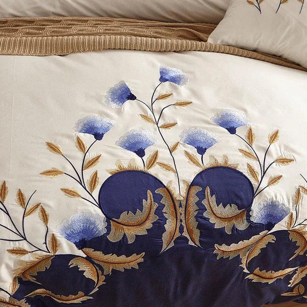 US King Queen size Chic Embroidered White Blue Luxury Bedding set 60S Egyptian Cotton bed sheet set Duvet cover Pillowcase - Gifts for You 'n Me
