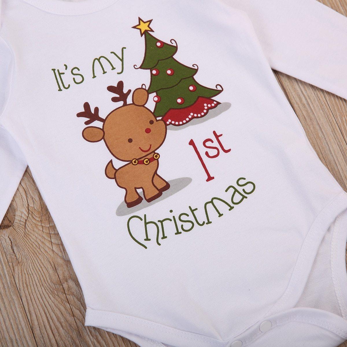 Modern Christmas Newborn Infant Baby Boys and Girls Cartoon Deer Christmas Tree Print Long Sleeves Romper
