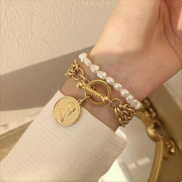 New Handmade Imitation Pearls Gold Metal Link Chain Bracelets for Women Girl Summer Party Luxury Jewelry Gift