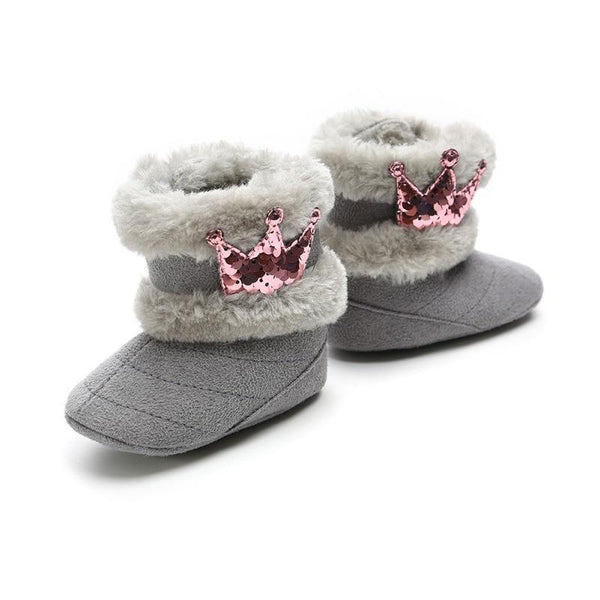 Newborn Infant Baby Girls Winter Warm Crown Fur Mid-Calf Length Slip-On Furry Boots 0-18M