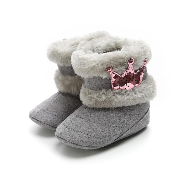 Newborn Infant Baby Girls Winter Warm Crown Fur Mid-Calf Length Slip-On Furry Boots 0-18M