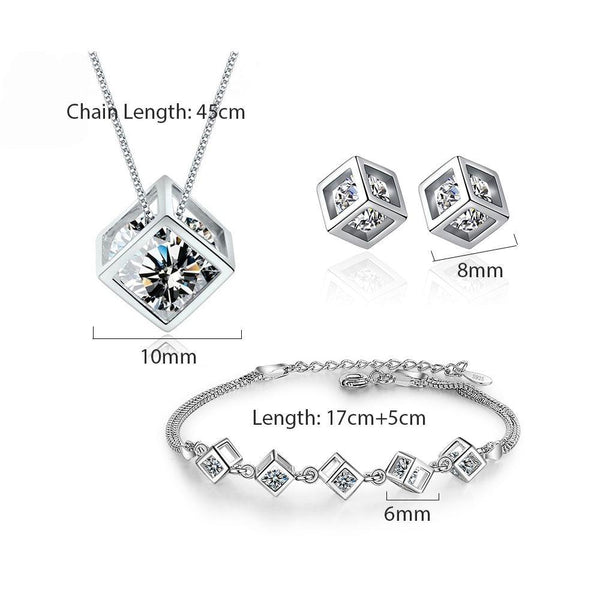 New Style Stamp Silver Color Jewelry Luxury Sets Zircon Elegant Square Cube Necklace Earrings Bracelet For Women