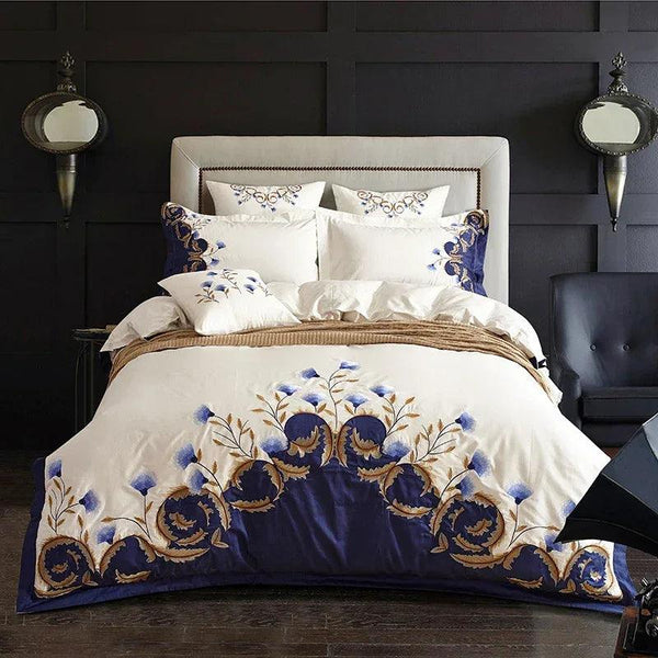 US King Queen size Chic Embroidered White Blue Luxury Bedding set 60S Egyptian Cotton bed sheet set Duvet cover Pillowcase - Gifts for You 'n Me