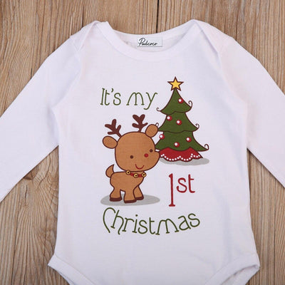 Modern Christmas Newborn Infant Baby Boys and Girls Cartoon Deer Christmas Tree Print Long Sleeves Romper