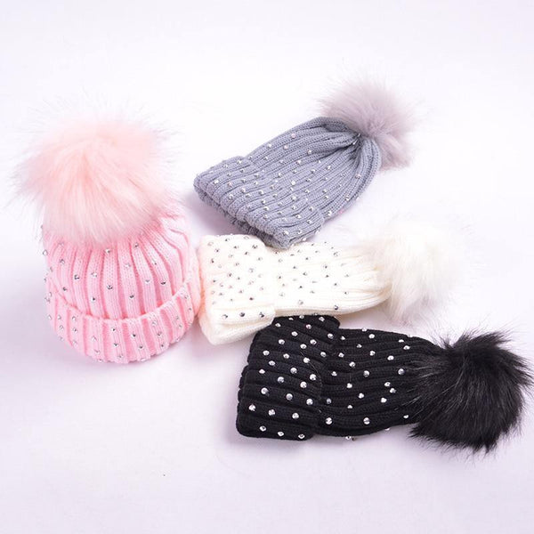 Luxury Baby Kids Pompom Newborn Baby Hat Cap Knitted Warm Hats With Rhinestone for Baby Girl/Boy Beanie Soft Toddler Hat