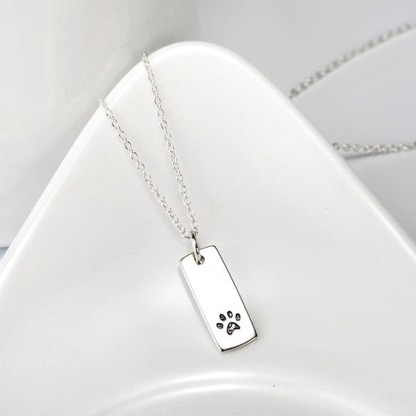 Ladies Glossy Square Dog Paw Print Tag Necklace