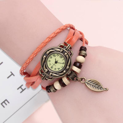 New Handmade Multicolor High Quality Women Genuine Leather Vintage Quartz  Watch Bracelet Wristwatches leaf gift Christmas for Women and Girls