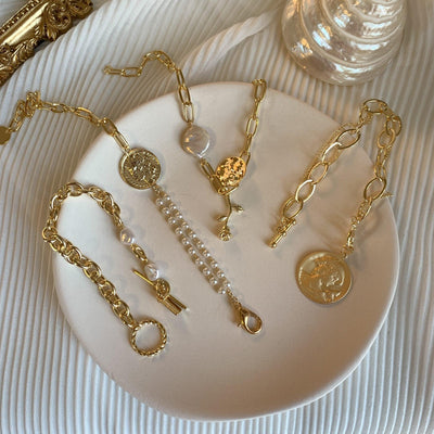 New Handmade Imitation Pearls Gold Metal Link Chain Bracelets for Women Girl Summer Party Luxury Jewelry Gift