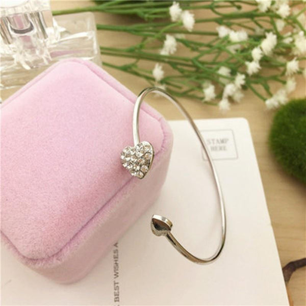 New Fashion Adjustable Stainless Steel Crystal Double Heart Bow Cuff Opening Bracelet For Women Jewelry Gift