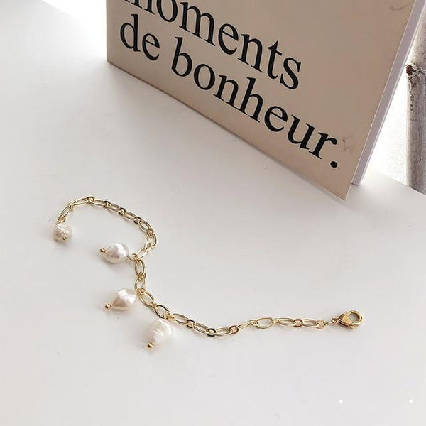 New Handmade Imitation Pearls Gold Metal Link Chain Bracelets for Women Girl Summer Party Luxury Jewelry Gift