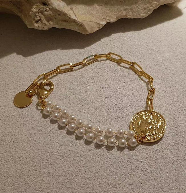 New Handmade Imitation Pearls Gold Metal Link Chain Bracelets for Women Girl Summer Party Luxury Jewelry Gift