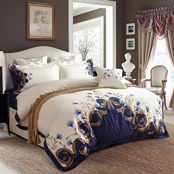 US King Queen size Chic Embroidered White Blue Luxury Bedding set 60S Egyptian Cotton bed sheet set Duvet cover Pillowcase - Gifts for You 'n Me