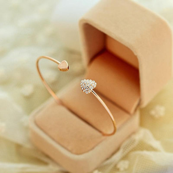 New Fashion Adjustable Stainless Steel Crystal Double Heart Bow Cuff Opening Bracelet For Women Jewelry Gift