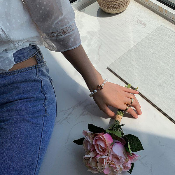 New Handmade Imitation Pearls Gold Metal Link Chain Bracelets for Women Girl Summer Party Luxury Jewelry Gift