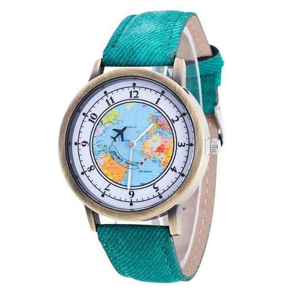 Fashion Casual Watches Women Casual Wristwatch Personality World Map With Airplane Pattern Cowboy Band Quartz Watch For Woman  and Girls