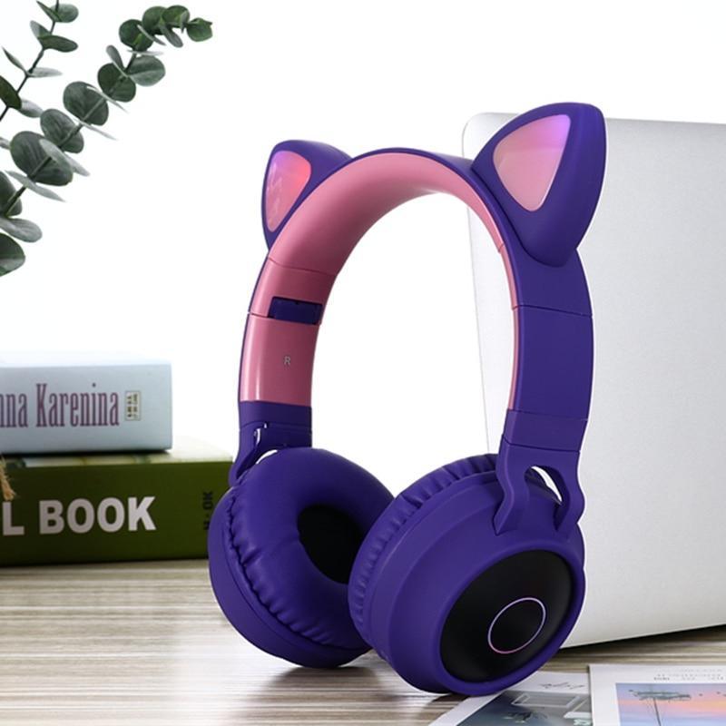 STEVVEX New Luxury Interesting LED Cat Ear Noise Cancelling Headphones Bluetooth 5.0  For Young People and  Kids Headset Support TF Card 3.5mm Plug With Mic