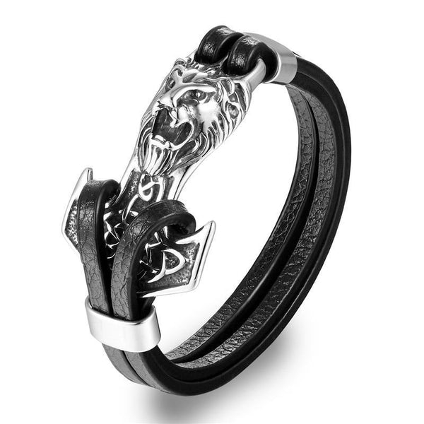 Genuine Leather Anchor Bracelet Men Lion Double Wolf Shackles Stainless Steel Charm Bracelets Wristband Fashion Jewelry