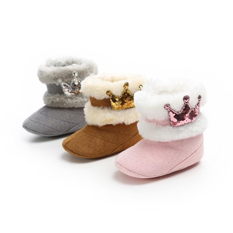 Newborn Infant Baby Girls Winter Warm Crown Fur Mid-Calf Length Slip-On Furry Boots 0-18M